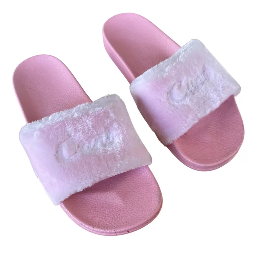 PINK FUR CURSIVE SLIDES