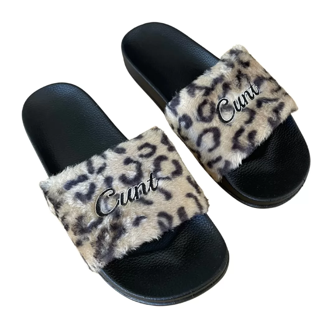 LEOPARD CURSIVE FUR SLIDES